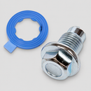 Silver pilot-point oil drain plug with one separate blue sealing gasket