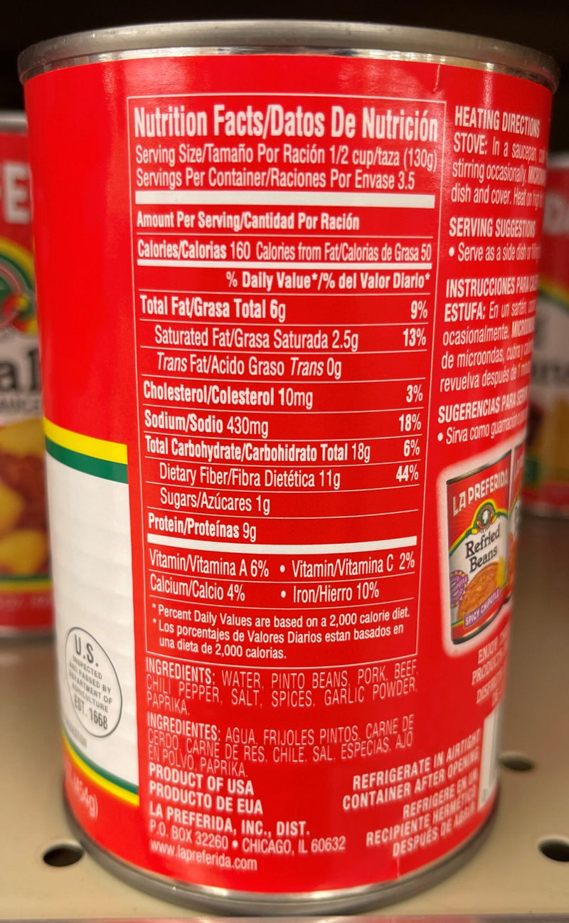 4 CANS La Preferida Refried Beans With Chorizo 16 oz Can Pintos Taco Filing