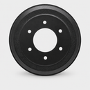 Single black brake drum with six bolt holes and one central opening