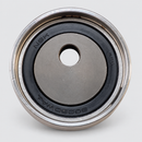 Single metal timing tensioner pulley with offset mounting bore