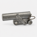 Cast-metal hydraulic timing belt adjuster with two mounting bores and retaining pin