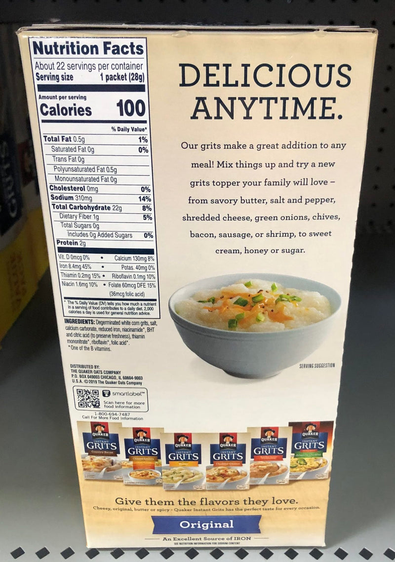 Quaker Instant Grits Original Value Pack 22 Packets Breakfast Corn