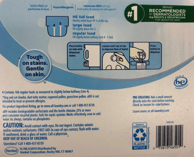 all 2X Ultra Stain lifter Free & Clear 166 loads 250 oz Detergent Hypoallergenic