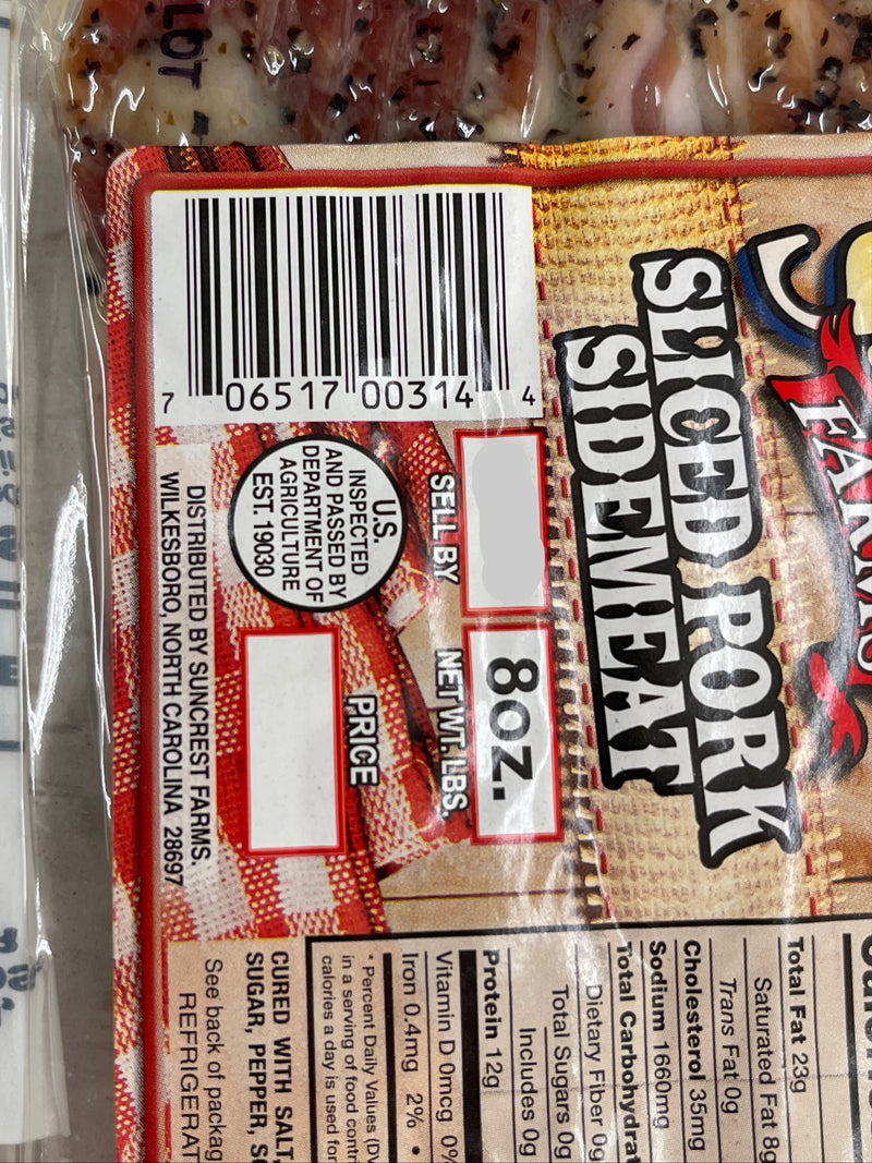 Suncrest Farms Old Fashioned Cured Country Ham Sliced Side Meat NC 8 oz Pork