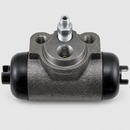 Single cast iron wheel cylinder with black rubber boots and one silver bleeder screw