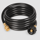Coiled propane hose with both connectors on light gray background