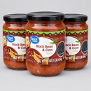 Three 16 oz Great Value Mild Black Bean and Corn Salsa jars, angled front packshot on light gray