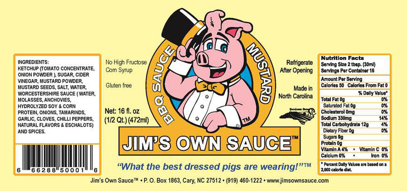 2 BOTTLES Jim’s Own MUSTARD Bar-B-Q Sauce 16oz BBQ Barbecue Pork Beef NC