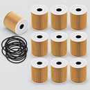Ten oil filter cartridges with seals on light gray background