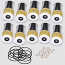 Ten oil filters with seals and washers on light gray background