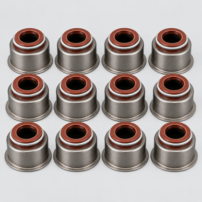 Twelve valve stem seals on light gray background