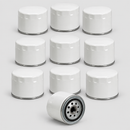 Ten white oil filters on light gray background